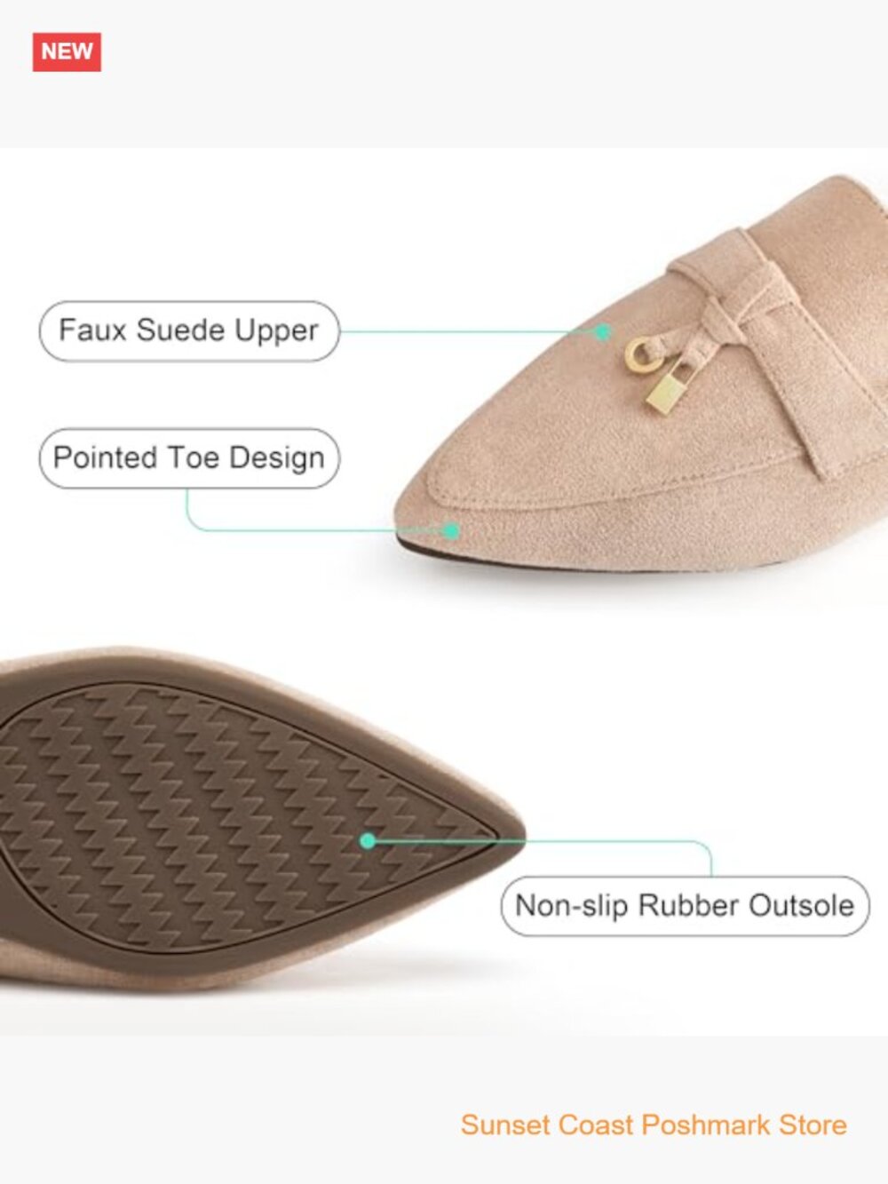 Pointed Toe Backless Loafers Mules with Metal Buckle Faux Suede Slip On Flats - Picture 4 of 7